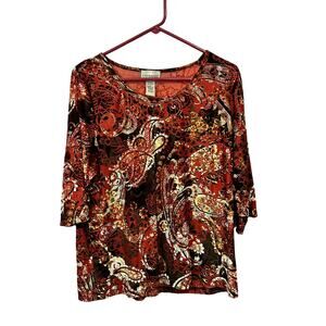 CATHERINE'S brown 3/4 SLEEVE FLORAL STRETCHY VELVET TOP PLUS size 0xwp (14/16wp)